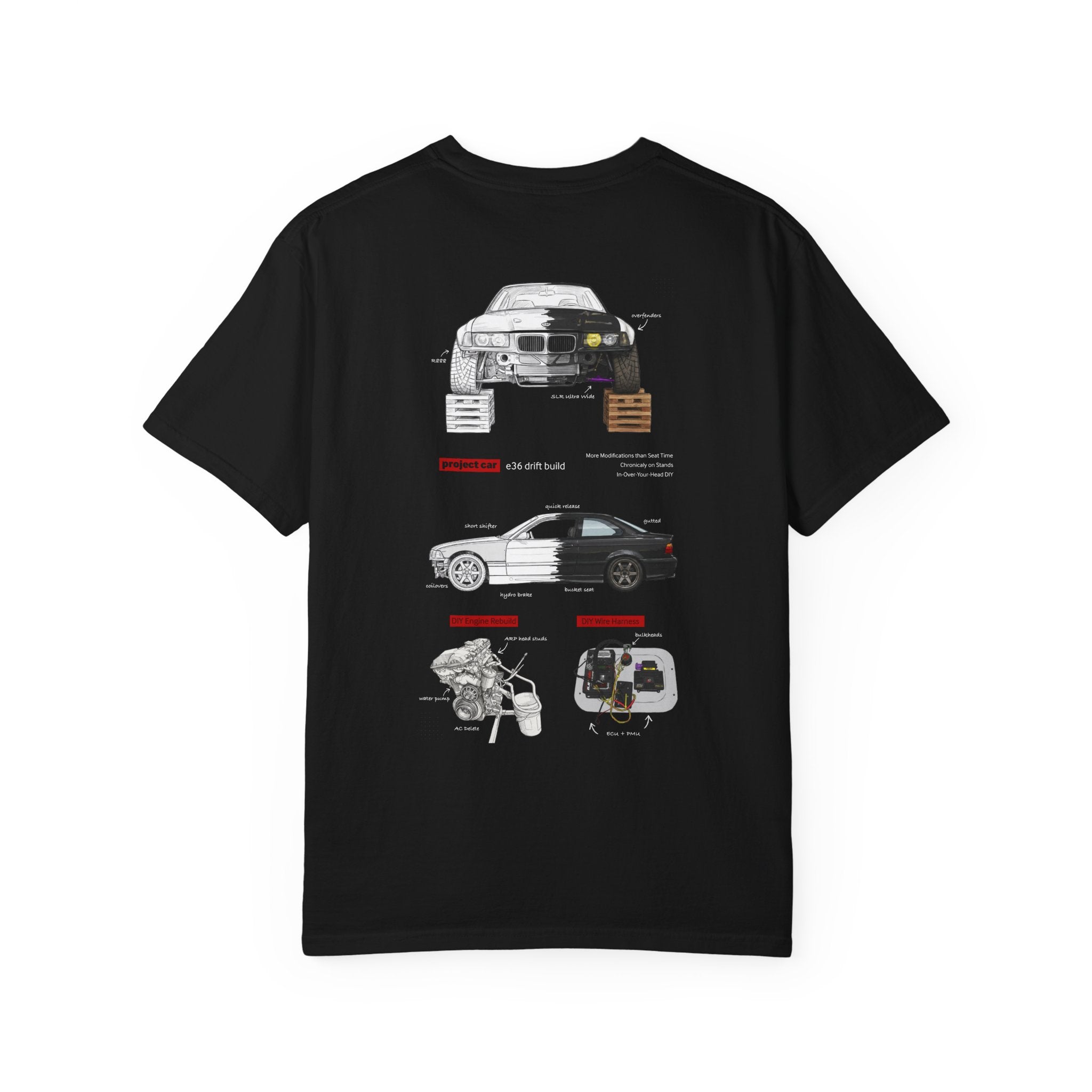 Project Car BMW E36 Drift Build Diagram T‑Shirt DARK MODE