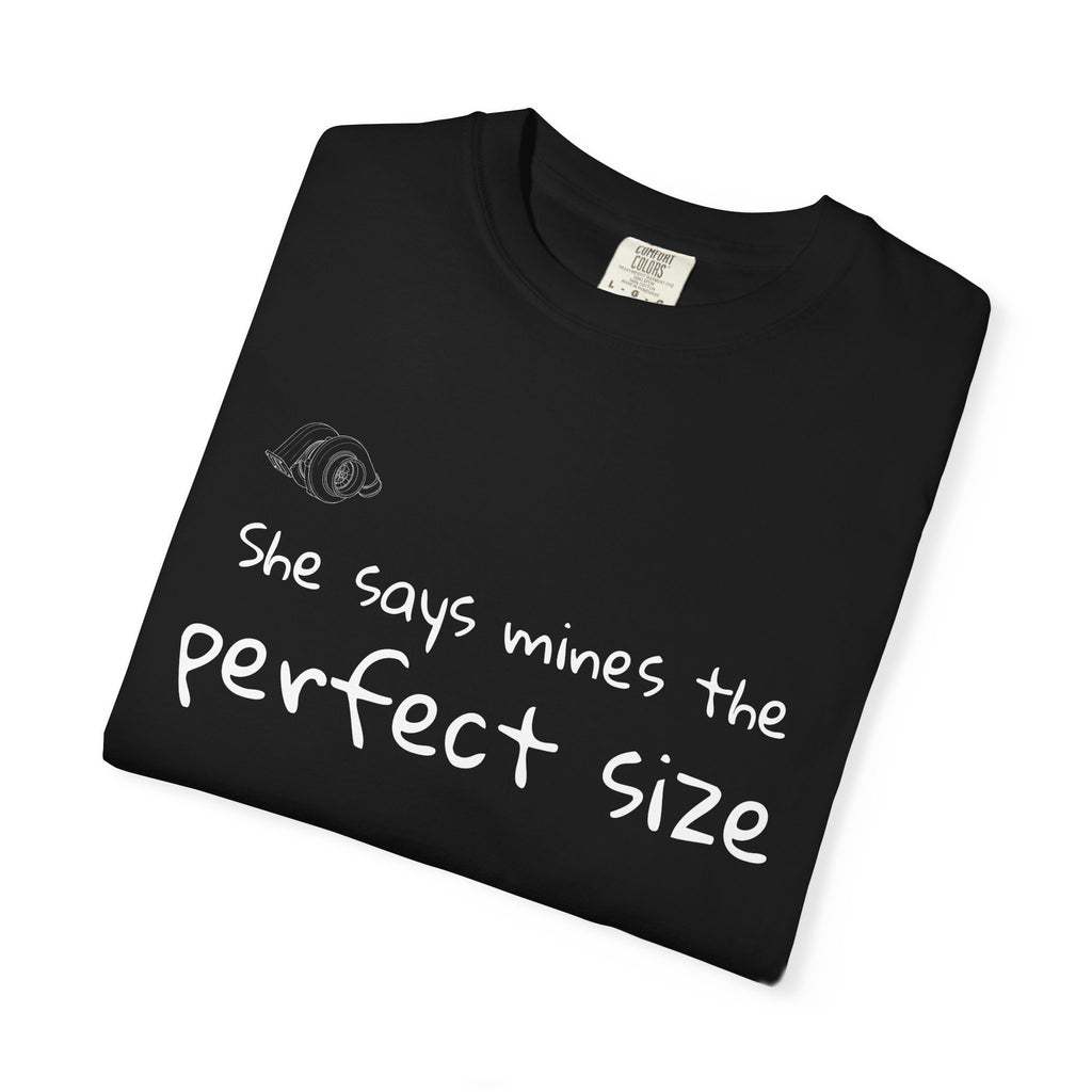 T-Shirt - She Says Mine's the Perfect Size / The Big Ones Lag Too Much (Turbo Humor)